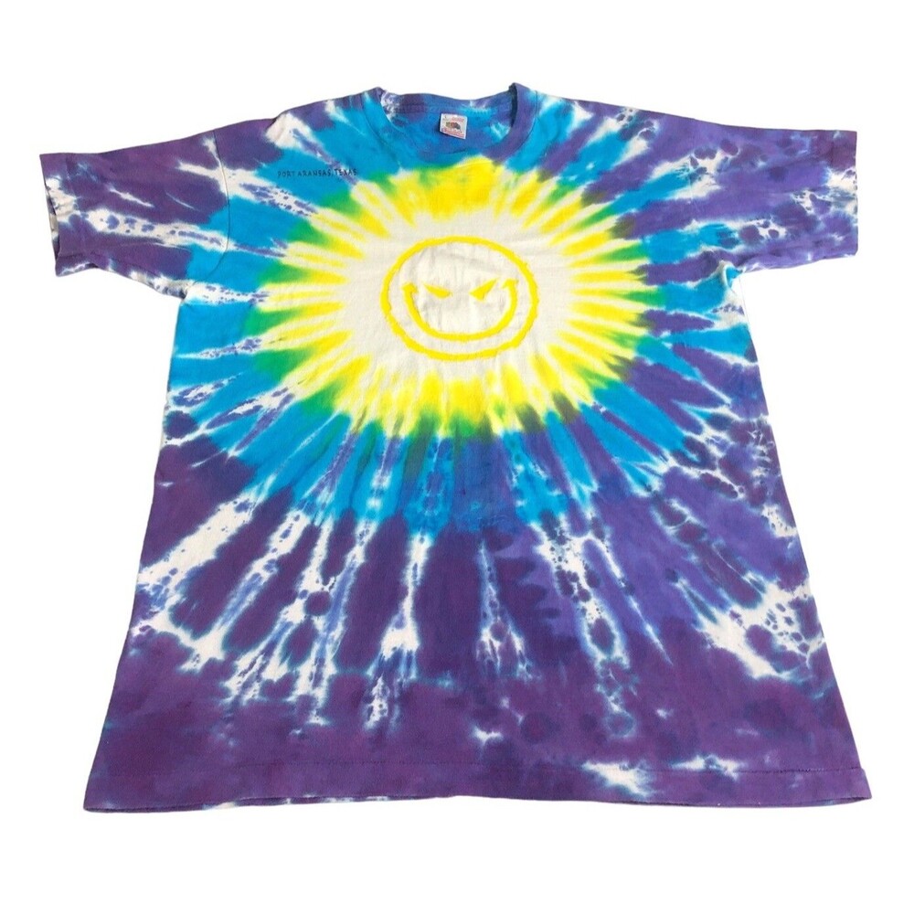 Vintage 90s FOTL Port Aransas Shirt Mens L Smiley Face Tie Dye Single Stitch USA